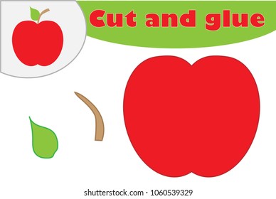 Apple in cartoon style, simple education game for the development of preschool children, use scissors and glue to create the applique, cut parts of the image and glue on the paper, vector illustration