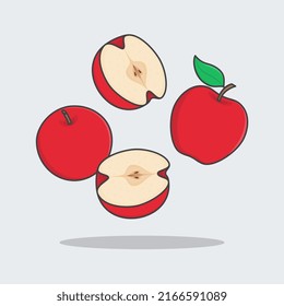 Apple Cartoon Vector Illustration. Falling Sliced Apple Flat Icon Outline. Flying Apple