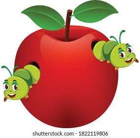 Apple with Caterpillar cartoon vector art and illustration