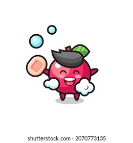 apple character is bathing while holding soap , cute style design for t shirt, sticker, logo element