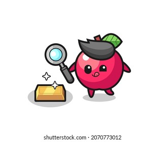 apple character is checking the authenticity of the gold bullion , cute style design for t shirt, sticker, logo element