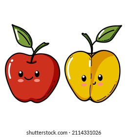 Personaje de Apple con cara graciosa. Feliz tira cómica de dibujos animados de conjunto de manzanas rojas y amarillas. Personaje de comida vegetariana saludable para niños