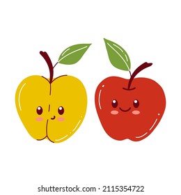 Apple character with funny face. Happy cute cartoon red and yellow apple set vector illustration. Healthy vegetarian food kids character