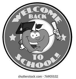 Apple Character Graduate Holding A Diploma With Text Back to School Gray Banner
