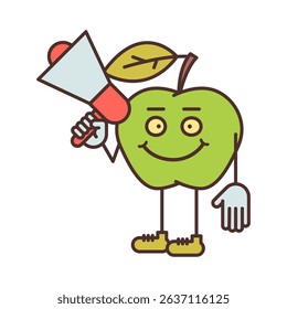 Apple character half turn holding megaphone and smiling. Vector Illustration