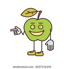 Apple character half turn points finger and smiling. Vector Illustration