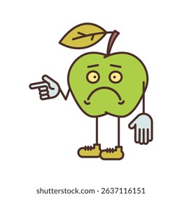 Apple character half turn points finger and dissatisfied. Vector Illustration