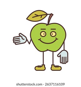 Apple character points hand and smiling. Vector Illustration