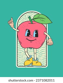 Personaje de Apple. Caricatura retro. Etiqueta de Apple. Insignia de parche hippie. Arte de animación vintage. Doodle Groovy. Caricatura vintage. Nostalgia de los años 60 y 70.