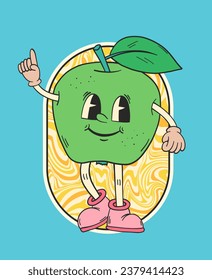 Personaje de Apple. Caricatura retro. Etiqueta de Apple. Insignia de parche hippie. Arte de animación vintage. Doodle Groovy. Caricatura vintage. Nostalgia de los años 60 y 70.