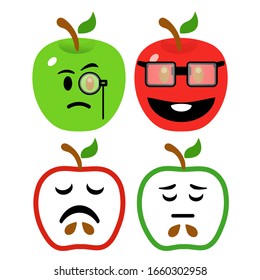 Apple character smiling with eyeglasses, serious with a magnifying glass, and sad expression