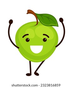 Caracter de Apple con expresión facial sonriente, personal alegre aislado con hoja en la cabeza, dulce bozal y manos levantadas. Emoji o pegatina, fruto de producto natural. Vector de estilo plano