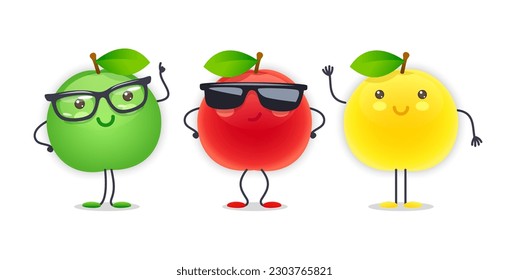 Apple Character with Various Face Expressions. Vector illustration set of funny and cute cartoon fruits isolated on white background. Mascot collection.