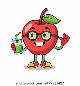 a apple character wear sunglass and hold a juice drink , white background