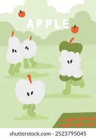 Personajes de manzana corriendo en un campo verde: Varios personajes de manzana verde en diferentes Formas están corriendo y jugando en un campo.