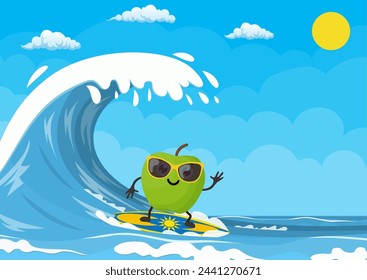 apple characters surfing on wave. Holidays on the sea. Beach activities. Summer time. Vector illustration in flat style