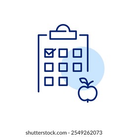 Apple and checklist on clipboard. Healthy nutrition tracker. Diet management and grocery shopping. Pixel perfect, editable stroke icon