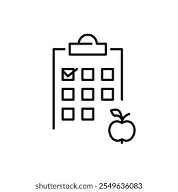 Apple and checklist on clipboard. Healthy nutrition tracker. Diet management and grocery shopping. Pixel perfect vector icon