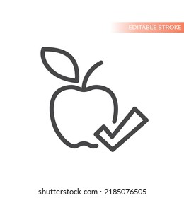 Icono vectorial de línea de marca de verificación y Apple. Símbolo de dieta y alimentación saludable.