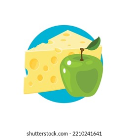 Apple y queso en círculo azul. dieta vegetariana. Icono de ilustración de vector aislado en fondo blanco.