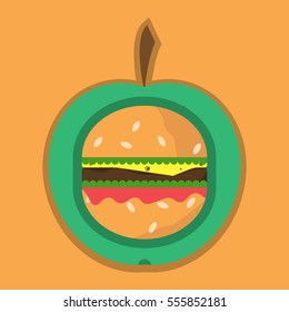 apple and cheeseburger. fast food and fruit, healthy food 