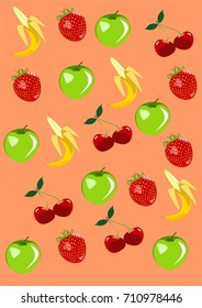 Apple and cherry banana on a pink background