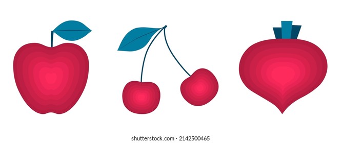 Apple, cherry, beet. Set of organic fruits, vegetables and berries isolated on white background. Healthy lifestyle. Vector illustration in flat style.