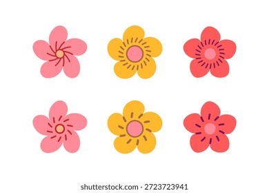 Símbolo de manzana y cerezo en flor. Conjunto de 6 formas geométricas. Elementos gráficos de diseño lineal moderno.
