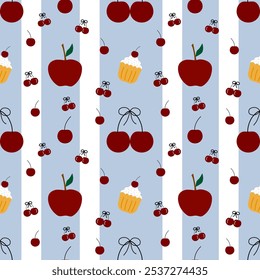 Apple, Cherry, Cupcake on Blue Background with white lines, Wrapping Paper Pattern, Fabric Pattern, Notebook Cover Pattern