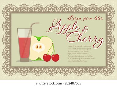Apple and Cherry. Fruit juice. Menu element for cafe or restaurant with energetic fresh drink made in flat style. Fresh juice for healthy life. Vector illustration.