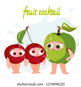 Apple, cherry. Funny cartoon fruits with different faces. Cartoon children - fruit. Cartoon characters for decoration and design. Icons, postcards, stickers.