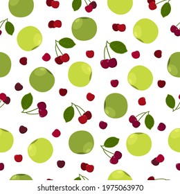 Apple cherry juicy summer seamless pattern with a picture of a ripe green apple and red cherry and green leaves. Summer print. Vector illustration on white background.