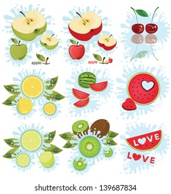 apple. cherry. lemon. watermelon. kiwi. Fruit splash vector illustration