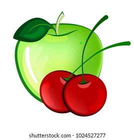 Apple and cherry on a white background. Vector fruit symbols. Fruit combination