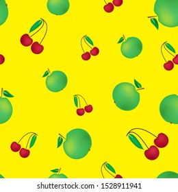 apple and cherry on a yellow background