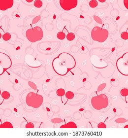 Manzana y cereza con semillas silueta romántica rosa monocroma con doodle, boceto, fondo de fruto de mano diseño de patrón vectorial sin fisuras