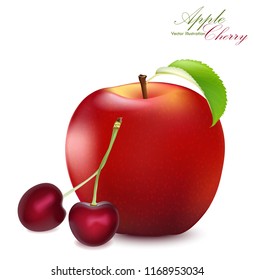 Apple and Cherry Set. Realistic 3d apple  and cherries. Detailed 3d Illustration Isolated On White. Design Element For Web Or Print Packaging. Vector Illustration. 
