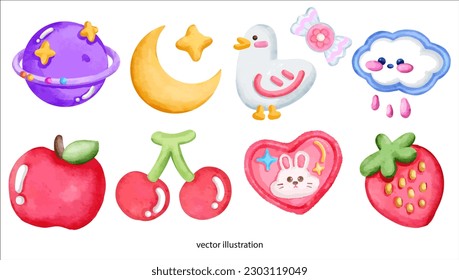 Apple Cherry Strawberry Cute Duck Moon Star Heart
watercolor vector illustration