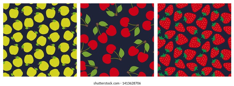 Apple, cherry and strawberry. Fruit seamless pattern set. Fashion design. Food print for clothes, linens or curtain. Hand drawn vector sketch background collection