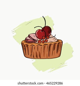 Apple and cherry tart on white background with pastel green brushstroke. Hand drawn vector illustration.