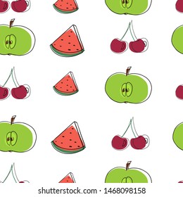 apple cherry watermelon print  printable fruit pattern Summer fruit seamless pattern. Bold graphic, fun fruit motif.