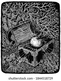 Apple in a chest at the bottom of the ocean among the corals. Hand drawn vector illustration in monochrome colors. Abstract retro graphic drawing isolated on white. Element for design prints, decor.