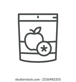 Icono de embalaje de chips de Apple. Ilustración de línea simple del empaquetado de bocadillos a base de manzana, que representa bocadillos saludables de manzanas secas y Productos de alimentos orgánicos deshidratados.