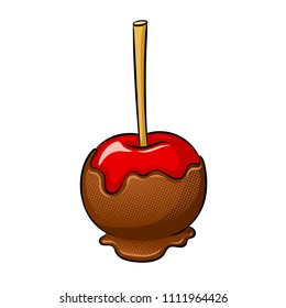 Apple in chocolate glaze on stick pop art retro vector illustration. Isolated image on white background. Comic book style imitation.