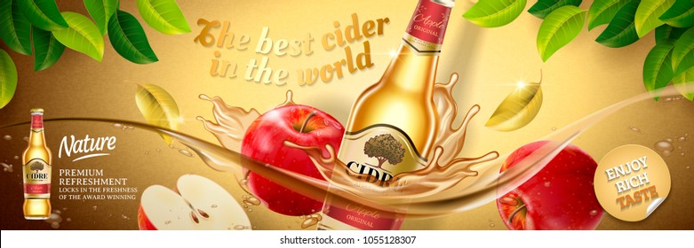 Apple cider ads, fruit beer with delicious apples floating in the liquid in 3d illustration, golden color background with green leaves