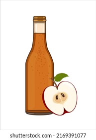 Apple Cider Bottle Ale Or Punch Ready to Drin. Vector illustration of alchohol drink and red halved apple  in flat style on white background