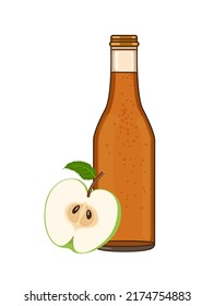 Apple Cider Bottle Ale Or Punch Ready to Drin. Vector illustration of alchohol drink and green halved apple  in flat style on white background