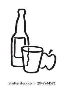 Apple cider bottle with an apple and glass. Hand drawn ink strokes icon, symbol sketch style vector illustration isolated on white background.