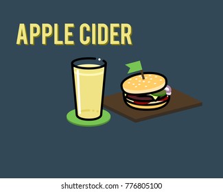 Apple cider and burger. Illustration for poster or menu for bar or restaurant. Can be placed on dark or light background. Isolated flat line art style.