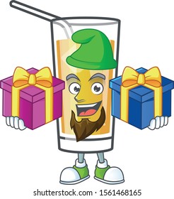 Apple cider cartoon with mascot character bring two gifts